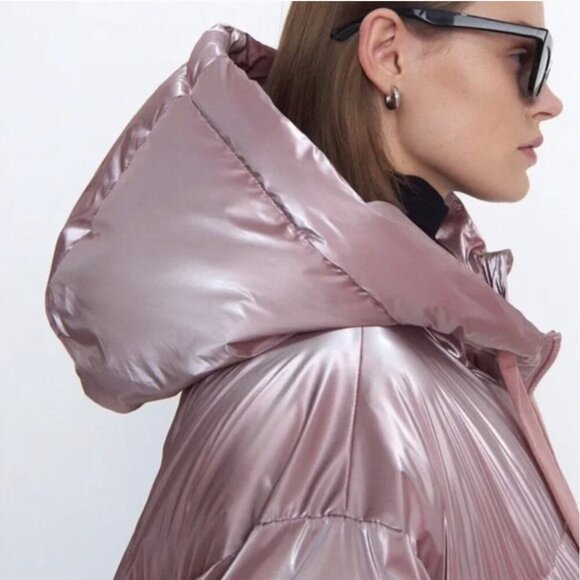 Zara Pink Metallic Shine Hooded Puffer Jacket Size XS NWT - Picture 6 of 7
